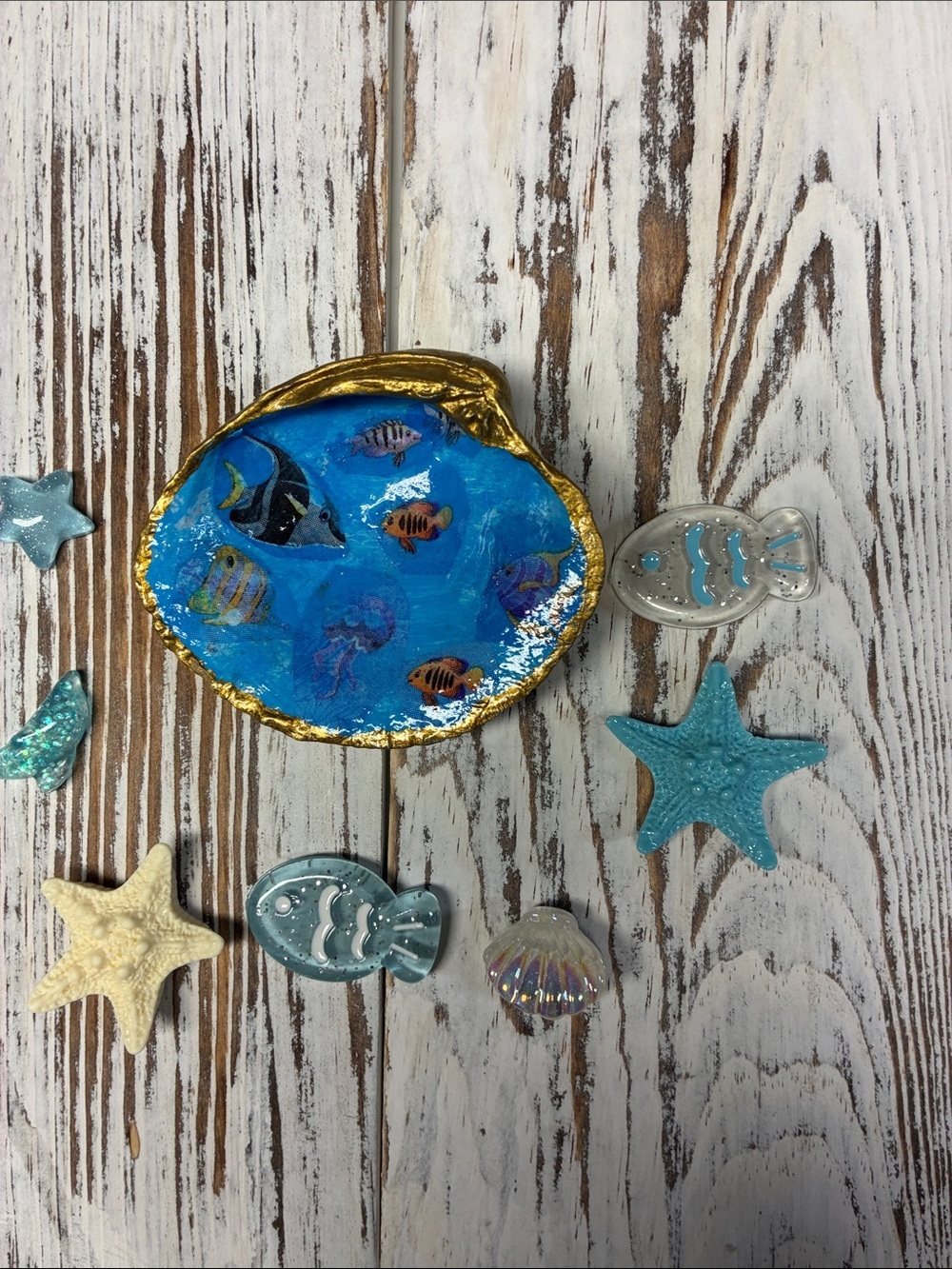 Handcrafted Painted Fish Shell Trinket Dish Coastal Beach Decor Bundle